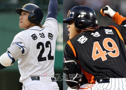22번을 달고 뛰던 두산시절(왼쪽)과 롯데 49번으로 맹활약을 펼치던 때의 홍성흔. 스포츠동아