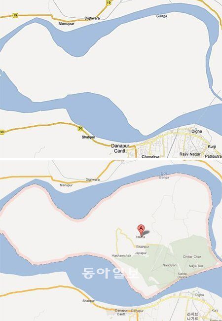 인도 동북부 비하르 주 파트나 시에 있는 ‘낙타’ 섬은 올해 7월까지 ‘구글 지도’에서 아무런 정보도 제공되지 않았다(위쪽 사진). 한국기술교육대 팀이 세부 지도를 작성한 뒤부터 도로와 마을의 위치와 지명 등이 표시된다(아래쪽 사진). 구글 지도 제공