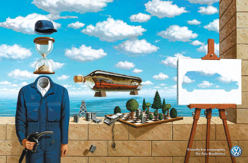 폴크스바겐이 자사 자동차의 연료소비효율이 뛰어나다는 점을 홍보하기 위해 초현실주의 작가 르네 마그리트의 그림을 활용해 제작한 광고.