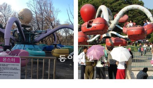 남북한의 놀이기구는 닮았다. 양쪽 다 일본에서 놀이기구를 들여왔기 때문이다. 문을 닫은 용마랜드의 놀이기구 ‘몬스터’(왼쪽)와 평양 개선청년공원 유희장의 놀이기구. 김혁 테마파크 파라다이스 대표 제공