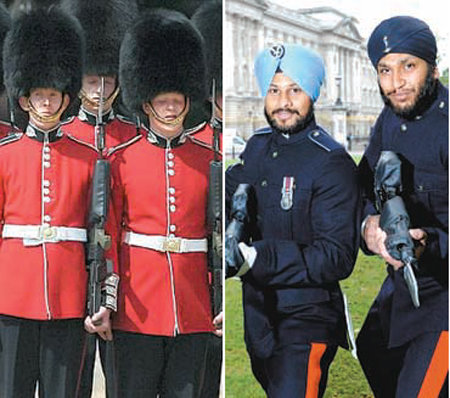 영국 육군의 결정에 따라 앞으로 왕실 근위병들도 터번을 쓸 수 있게 됐다. 곰털 모자를 쓴 전통적인 영국 왕실 근위병(왼쪽)과 터번을 쓰고 있는 영국 육군 항공대 소속 병사들(오른쪽). 사진 출처 데일리메일