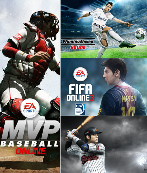 겨울이 되면서 야구와 축구를 소재로 한 게임들이 인기를 끌고 있다. (왼쪽 큰 사진부터 시계방향으로) MVP베이스볼 온라인, 위닝일레븐 온라인, 피파온라인3, 프로야구2K.