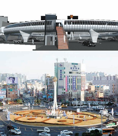 울산 도시경관디자인 공모전에서 대상을 받은 울산대 건축학과 대학원생 한지호 씨(31)의 ‘공업탑 인도교’ 작품. 이 작품을 계기로 공업탑에 인도교를 설치하자는 논의가 본격화되고 있다. 아래쪽 사진은 울산 공업탑 로터리 전경. 한지호 씨 제공·동아일보DB