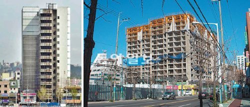 20년째 공사가 중단된 채 방치되고 있는 울산 중구 우정동 코아빌딩(왼쪽). 2008년부터 5년째 공사가 중단된 울산 남구 신정동 메이솔리드 주상복합아파트. 울산시 제공