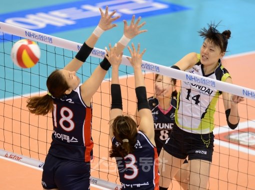 현대건설 양효진이 18일 대전 충무체육관에서 벌어진 인삼공사와 경기에서 공격을 시도하고 있다. 대전｜김종원 기자