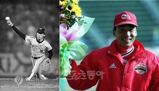 초창기 이글스의 에이스였던 이상군이 완벽한 밸런스로 공을 던지고 있다.(왼쪽) LG 김용수와의 선발 대결에서 승리해 개인통산 100승을 채운 이상군이 꽃다발을 들고 기뻐하고 있다. 스포츠동아DB