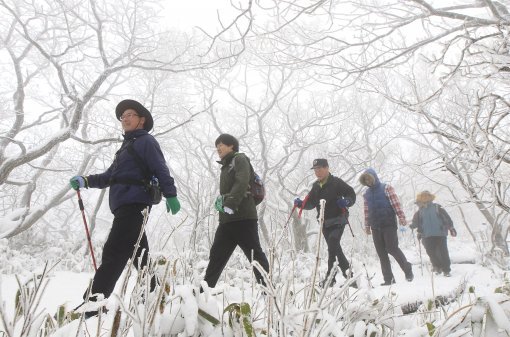눈 덮인 겨울 산을 오르고 있는 등반객들. 강자로 군림하던 기존 회사 외에 국내외 수십여 개의 브랜드가 올해 신규 론칭하는 등 국내 아웃도어 시장은 ‘춘추전국시대’를 맞아 업체들의 치열한 경쟁이 벌어지고 있다. 스포츠동아DB