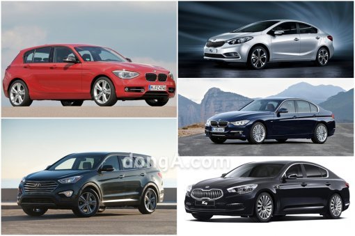 BMW 1시리즈, 기아차 K3, BMW 3시리즈, 기아차 K9, 현대차 싼타페(왼쪽 위 부터 시계방향)