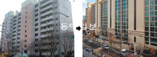 서울 ‘밤섬 쌍용 예가 클래식’ 아파트의 수직증축 리모델링 전후. 리모델링 된 오른쪽 사진 1, 2층 부분이 벽체 없이 기둥만 있는 필로티. 쌍용건설 제공