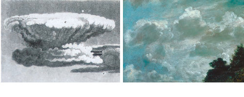 기상학자 루크 하워드가 1803년에 발표한 구름 삽화(왼쪽 사진)와 존 컨스터블의 회화 ‘오른편에 나무가 있는 구름 연구’(1821년). 모요사 제공