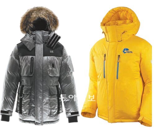 코오롱스포츠가 이번 주에 선보일 예정인 티타늄 재킷(왼쪽)과 네파가 지난해 말 선보인 ‘그린란드 헤비 구스다운’. 모두 막강한 보온성을 자랑하는 헤비다운이다. 각 업체 제공