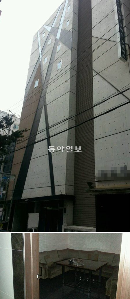 최근 경찰의 단속에 적발된 서울 강남구 삼성동의 9층짜리 ‘풀살롱’ 건물 전경(위)과 내부 지하 룸. 이 건물엔 2개의 유흥업소와 호텔이 있었으며 1인당 33만 원에 술을 제공하고 성매매를 알선했다. 김준일 기자 jikim@donga.com