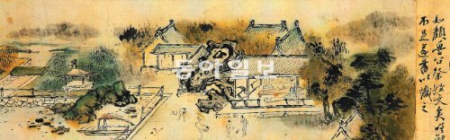 표암 강세황의 1748년 작 ‘지상편도(池上扁圖)’의 일부. 당나라 시인 백거이가 ‘지상편’에서 노래한 이상적 저택을 형상화해 자연에 은거하고픈 소망을 담은 이 그림은 담백한 화풍에 힘찬 필체가 어우러져 학문에 정진하는 문인의 정신세계를 잘 보여준다. 국립중앙박물관 제공