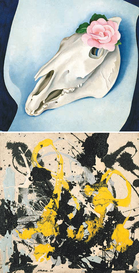 조지아 오키프의 ‘분홍 장미가 있는 말의 두개골’(1931년·위쪽)과 잭슨 폴록의 ‘넘버 22’(1950년). 국립중앙박물관
