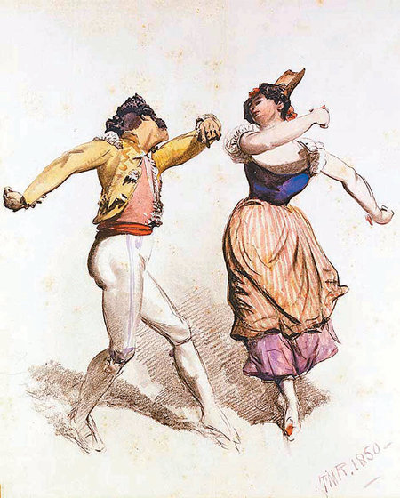 이탈리아의 무명 화가가 타란텔라 춤을 묘사한 그림. ‘1850년’이라는 제작연도가 쓰여있다. 동아일보DB