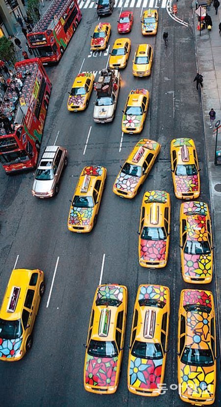2007년 뉴욕 맨해튼에 화사한 꽃무늬를 수놓은 ‘가든 인 트랜싯’ 프로젝트. 병원 환자들이 꽃을 그리고 택시운전사들의 운전으로 완성된 대규모 협업 디자인이다. 지콜론북 제공