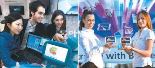 ‘모바일 월드컵’인 ‘MWC 2013’이 스페인 바르셀로나에서 25∼28일(현지 시간) 열린다. 하루 앞서 언론에 공개된 전시장에서 KT는 스마트폰 결제시스템 ‘모카’(왼쪽)를, SK텔레콤은 기존 LTE보다 통신 속도가 2배 빠른 ‘LTE 어드밴스트’ 기술 등을 선보였다. KT·사진공동취재단