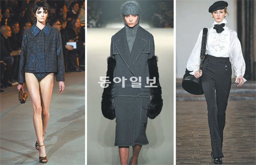 왼쪽부터 메탈릭 소재의 재킷에 속옷처럼 짧은 팬츠를 매치한 마크 제이콥스, 복서에서 영감을 받은 알렉산더 왕, 검은색 리본과 러플 블라우스를 많이 선보인 랄프 로렌. 인터패션플래닝 제공