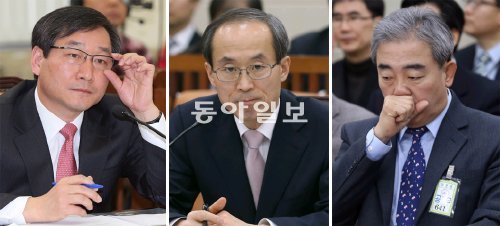 장관 후보 인사청문회 박근혜 정부의 조각 인사를 상대로 한 국회 인사청문회가 27일 시작됐다. 장관 후보자들은 곤혹스러운 질문이 쏟아진 청문회 내내 면접시험을 보는 수험생처럼 긴장된 표정이 역력했다. 왼쪽부터 안경테를 만지는 유정복(안전행정부), 입을 굳게 다문 윤성규(환경부), 헛기침하는 유진룡(문화체육관광부) 장관 후보자. 박영대 기자 sannae@donga.com