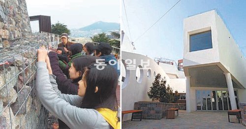 산복도로 인근 중고교생들로 구성된 봉사단체인 산복도로마을탐사대는 최근 ‘역사의 디오라마(해안경관 조망공간)’에서 사랑의 자물쇠 달기 행사를 열었다. 오른쪽은 6일 부산 동구 초량동 망양로에 문을 여는 이바구공작소 전경.부산시·동구청 제공