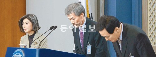 정부조직법 처리 호소



청와대 김행 대변인과 유민봉 국정기획수석비서관, 최순홍 미래전략수석비서관(왼쪽부터)이 3일 청와대 춘추관에서 긴급 기자회견을 열어 정부조직법 개정안의 2월 임시국회 내(5일까지) 처리를 호소하며 고개를 숙이고 있다. 청와대사진기자단