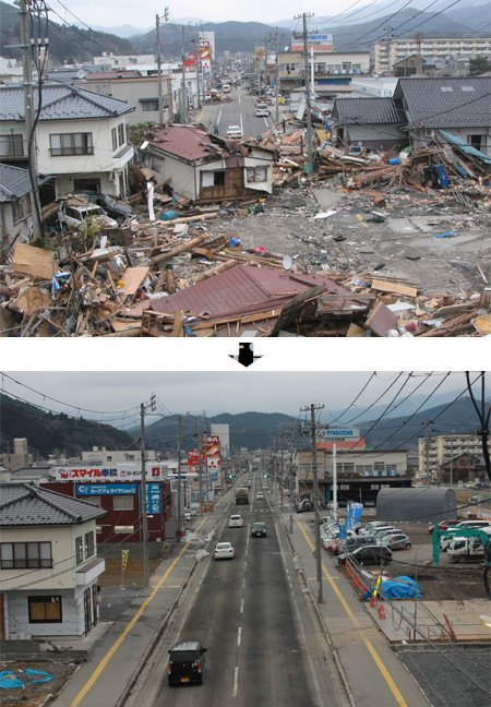 지진해일(쓰나미)이 덮친 2011년 3월(오른쪽 위)과 2년이 지난 최근의 이와테 현 오후나토 시.

리쿠젠타카타=박형준 기자 lovesong@donga.com