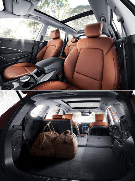 3열에서까지 하늘을 볼 수 있도록 설계된 맥스크루즈의 와이드 파노라마 선루프(위). 아래는 접는 방식에 따라 다양한 활용이 가능한 2,3열 실내 공간. 사진제공｜현대자동차