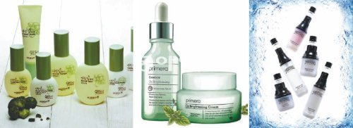 왼쪽부터 스킨푸드의 ‘브로콜리&양배추 어린잎 퓨어 라인’, 아모레퍼시픽 프리메라의‘O₂ 브라이트닝 라인’, LG생활건강의 프로스틴의 냉장 화장품. 각 업체 제공