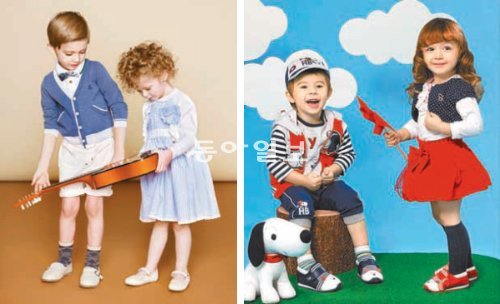 3∼5세 유아들을 겨냥해 선명하고 산뜻한 색상의 옷들을 선보인 ‘빈폴키즈’(왼쪽 사진)와 강렬한 빨간색과 감색으로 멋을 낸 ‘해피베이비’ 봄 신제품들. 각 업체 제공