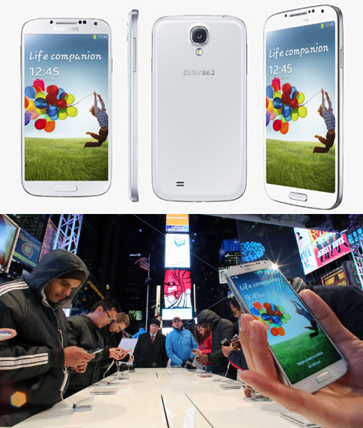 언팩 행사에 참석한 사람들이 ‘갤럭시S4’가 발표된 뒤 무대에 설치된 ‘핸드존’에서 제품을 체험하고 있다(아래). 사진제공｜삼성전자