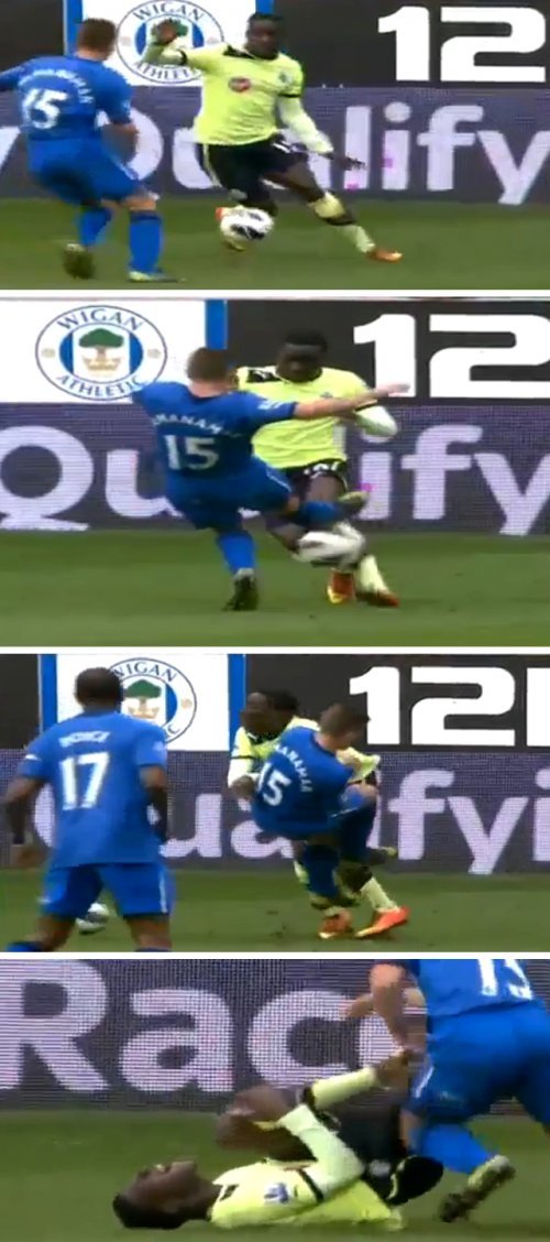 EPL 위건 공격수 맥마나만, 살인태클. 유튜브 캡쳐.