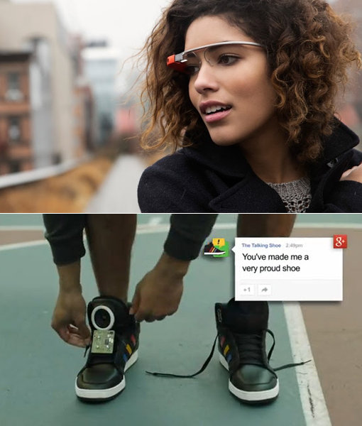 안경과 시계, 신발 등 신체에 직접 착용하는 ‘웨어러블 컴퓨터’ 경쟁이 가속화 되고 있다. GPS와 카메라 등을 이용해 다양한 정보를 주고받을 수 있는 스마트 안경 ‘구글글래스’를 쓰고 있는 모델(위쪽)과 최근 유튜브에 공개된 말하는 신발. 사진｜구글·유투브 동영상 캡처