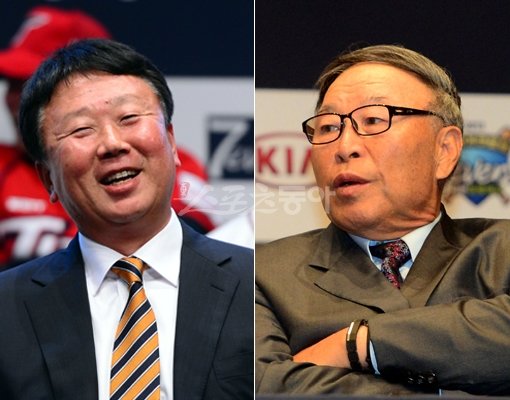 KIA 선동열 감독(왼쪽)과 한화 김응룡 감독이 25일 서울 광진구 건국대 새천년관에서 열린 ‘2013 한국야쿠르트 세븐 프로야구’ 개막 미디어데이에 자리를 함께 했다. 감독-선수, 사장-감독으로 8차례 한국시리즈 우승을 합작한 스승과 제자는 이제 동등한 위치에서 승부를 겨루게 된다. 김민성 기자 marineboy@donga.com 트위터@bluemarine007