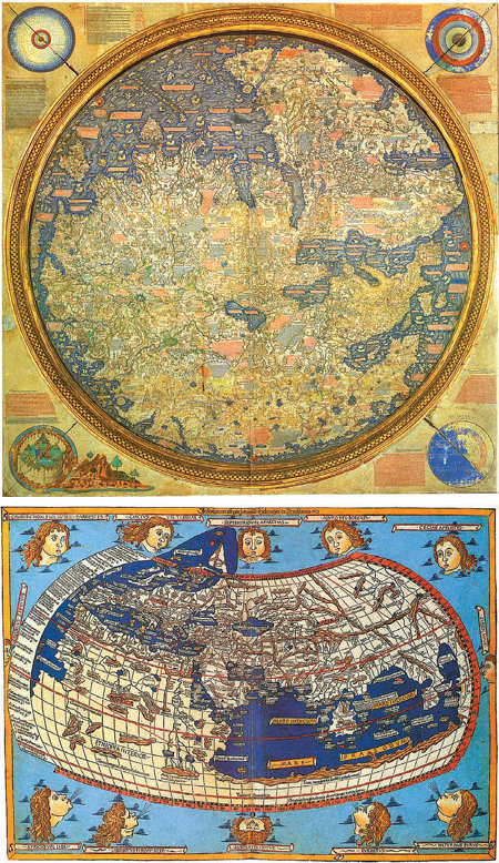 이탈리아 가톨릭 수사 프라 마우로의 세계지도(위)와 고대 그리스 프톨레마이오스의 지도. 프톨레마이오스 지도에선 아프리카 끝과 아시아가 연결돼 있다. 반면 15세기에 만들어진 마우로 지도에서는 대서양과 인도양이 제대로 표현돼 있다.