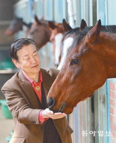 잡생각이 들 때, 새벽에 잠이 안 올 때 마주 지대섭 씨는 마방을 찾는다. 그는 “나이 앞에 7자가 붙은 노년에도 내 삶이 활기를 잃지 않는 건 말이 곁에 있기 때문”이라고 했다. 지 씨가 경기 과천시 서울경마공원 안에 있는 마방을 찾아 말에게 먹이를 주고 있다. 과천=홍진환 기자 jean@donga.com