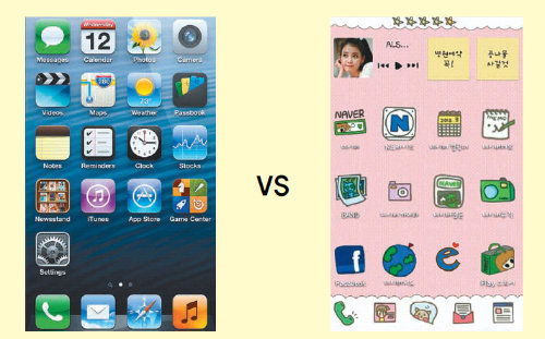 고교생 우리아이, 어떤 폰 쓰고 싶어할까? 아이폰(왼쪽)과 안드로이드폰의 시작화면. 아이폰은 사용자가 아이콘의 모양을 바꿀 수 있는 여지가 거의 없지만, 안드로이드폰은 아이콘의 배열과 디자인 등을 자유롭게 변경할 수 있어 10대들 사이에서 아이폰보다 훨씬 인기를 끈다.