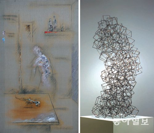 한국 전위예술의 선구자 김구림 씨의 1970년대 작업 중‘인물이 있는 실내’(1977년·왼쪽)와 철선을 용접해 여백이 있는 조각을 만드는 존 배 씨의 ‘간단한 논리’(2012년).통인옥션갤러리·갤러리 현대 제공