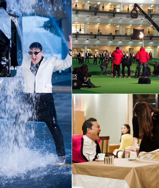 싸이는 서울과 경기 일산 곳곳을 다니며 3일간 ‘젠틀맨’의 뮤직비디오를 촬영했다. 한강에서는 물대포를 맞는 장면을 촬영했고, 한 골프연습장에서는 ‘떼춤’을 췄다. 여성의 커피잔을 치는 장면은 서울 강남의 한 호텔에서 찍었다(왼쪽부터 시계방향으로). 사진제공｜YG엔터테인먼트