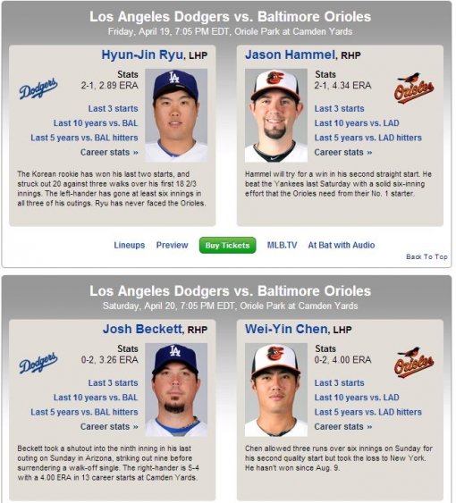 메이저리그 공식 홈페이지의 LA 다저스 선발 투수 예고. 사진=메이저리그 공식 홈페이지 캡처