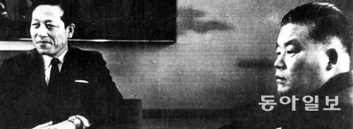 1962년 11월 12일 김종필 당시 중앙정보부장(왼쪽)이 일본 도쿄에서 오히라 마사요시 전 외상을 만나 ‘김-오히라 메모’로 불리는 양자 간 합의를 하고 있다. 동아일보DB