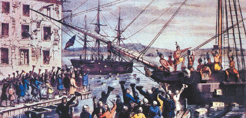영국의 식민지였던 북아메리카에서 일어난 ‘보스턴 티 파티’ 장면. 인디언으로 변장한 식민지인들이 차 상자를 바다로 집어던지면서 영국에 대한 저항이 본격화했다. 그림은 너새니얼 쿠리어의 석판화 ‘Destruction of Tea at Boston Harbor’(1846년 작). 동아일보DB