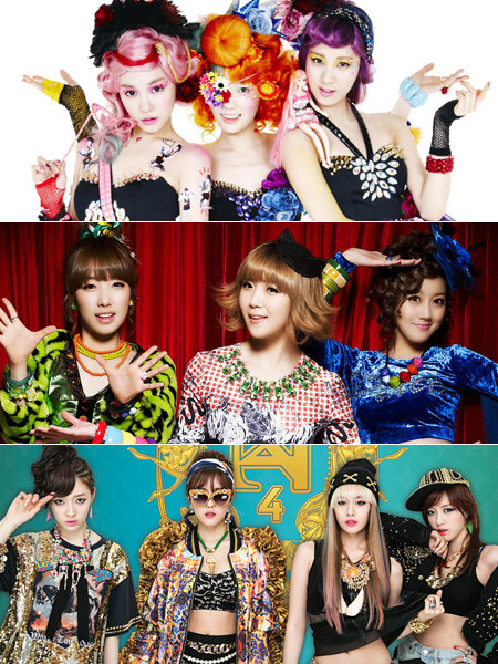 소녀시대 태티서-레인보우 픽시-티아라엔포(맨 위 부터 아래로). 사진제공｜SM엔터테인먼트·DSP미디어·코어콘텐츠미디어