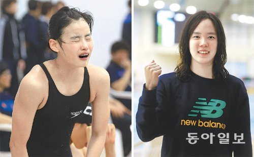 1일 광주 염주실내수영장에서 열린 제85회 동아수영대회 여자 고등부 배영 200m 결선에서 한국 신기록(2분12초03)을 작성한 임다솔이 감격의 눈물을 흘리고 있다(왼쪽). 같은 날 여자 일반부 자유형 1500m 결선에서 한국 신기록(16분51초27)을 세운 한나경이 밝게 웃고 있다. 광주=박영철 기자 skyblue@donga.com