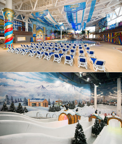 1년 내내 여름과 겨울 레포츠를 즐길 수 있는 테마파크 ‘원마운트’가 5월 11일 전면 개장한다. 원마운트 실내 워터파크(위쪽)와 스노우파크 내 ‘스노우힐’. 사진제공｜원마운트