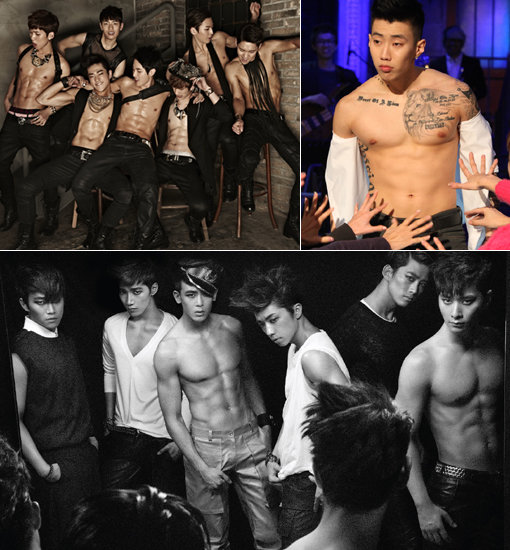 백퍼센트·박재범·2PM(맨 위 왼쪽부터 시계방향으로) 등 남성 아이돌 가수들이 경쟁하듯 상의를 탈의하고 복근을 드러낸 모습으로 눈길을 모으고 있다. 사진제공｜티오피미디어·tvN·JYP엔터테인먼트