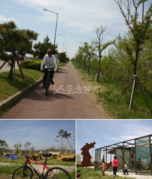 한 라이더가 일직선으로 쭉 뻗은 화성 방조제 길을 달리고 있다(위). 방조제 길이 끝나는 곳에 매향리가 있다. 폭음이 그치고 평화마을로 변신 중인 매향리에서는 미군 사격장 폭탄 파편으로 만든 조형물을 볼 수 있다(아래 오른쪽). 방조제 초입에 있는 기념탑 공원에서는 텐트를 치고 야영을 할 수 있다(아래 왼쪽). 김재학 기자 ajapto@donga.com 트위터@ajapto