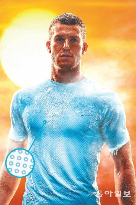 컬럼비아의 옴니프리즈 제로는 땀을 흡수한 원단이 그 자체로 냉각효과를 내는 새로운 개념을 적용했다. 원단의 파란색 원들(확대 부분)이 냉각 효과를 낸다. 컬럼비아스포츠웨어코리아 제공