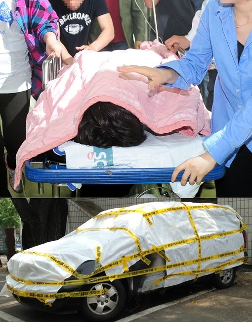 자살을 시도했다가 목숨을 건진 손호영이 24일 오후 서울 한남동 순천향대병원 중환자실로 이송되고 있다. 아래 사진은 손호영이 스스로 목숨을 끊으려다 차량 내부가 모두 전소된 승합차의 모습. 동아닷컴DB·백솔미 기자 bsm@donga.com 트위터@bsm0007