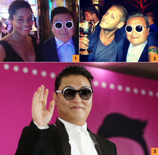 프랑스 칸에서 가짜 싸이가 판쳤다. 진짜 싸이는 23일 자신의 트위터에 ‘가짜 싸이’의 사진2을 공개하고 가짜의 존재를 알렸다. 영국 배우 나오미 해리스도 가짜 싸이에 속아 함께 찍은 사진1을 자신의 트위터에 올렸다. 사진 3은 싸이. 사진｜싸이·나오미 해리스 트위터 캡처·동아닷컴DB