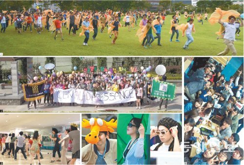 [1] 한국기술교육대 학생들이 후반부 단체 영상을 찍기 위해 이 학교 캠퍼스 잔디광장을 달려가는 모습. [2] 조선대 신문방송학과 학생들이 만든 비디오 뒷부분 영상. [3], [4] 삼성전자 직원들이 서울 서초동 삼성전자 사옥에서 촬영 삼매경에 빠져 있다. [5] 연세대 국제캠퍼스에서 립덥 비디오 촬영에 참여한 1학년생들이 기념사진을 찍고 있다. 각 대학 및 기업 제작팀 제공